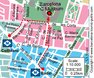 巴塞罗那足球俱乐部博物馆的位置，最近的地铁站